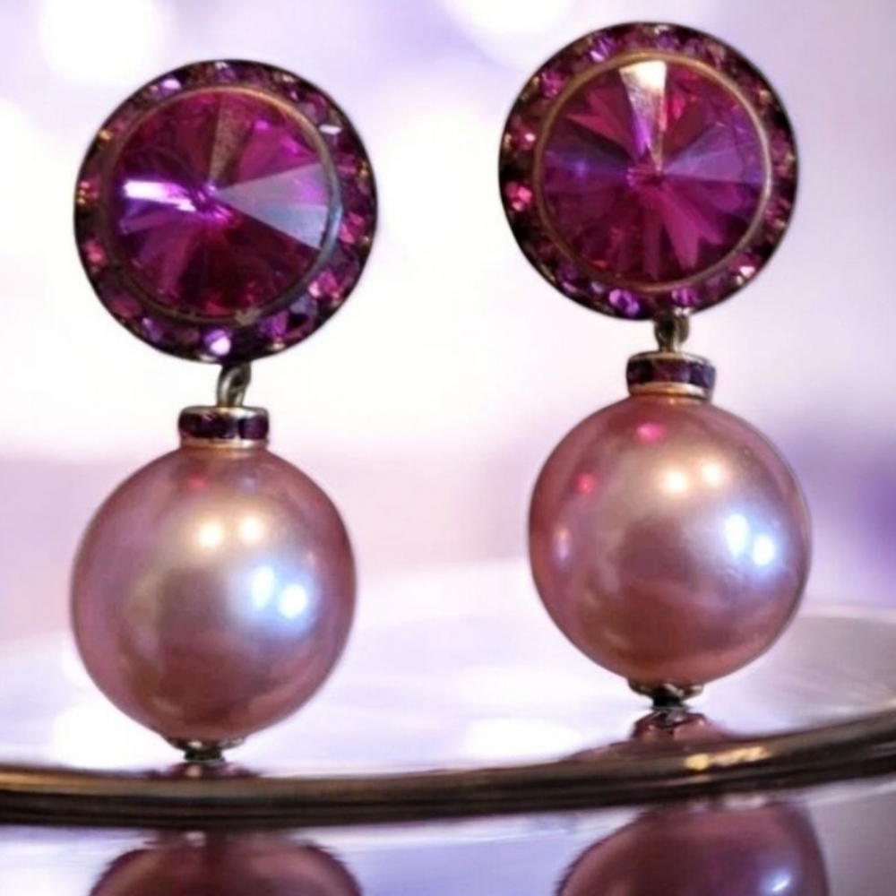 Huge Pink Rhinestone Bobble Faux Pearl Statement HOT PINK Pierced Earrings